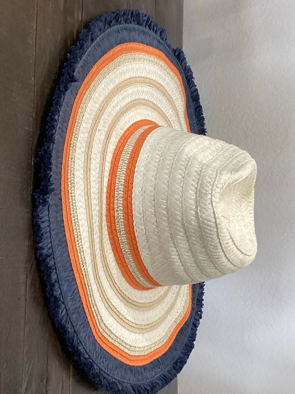 Straw Sun Hat in White with Orange and Navy Trim